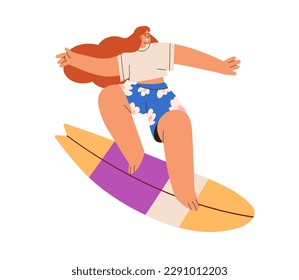 Woman surfer standing on board. Happy active girl on surfboard on holiday. Extreme summer sport, leisure activity, entertainment on vacation. Flat vector illustration isolated on white background