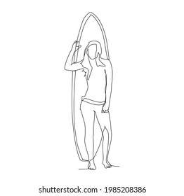 Woman surfer standing out in front of her surfboard -continuous one line drawing