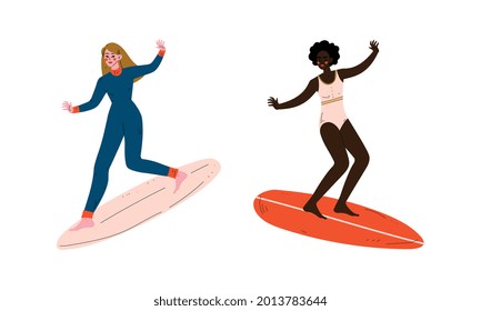 Woman Surfer with Surfboard Riding on Moving Wave Vector Set