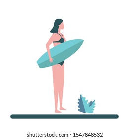 Woman surfer with a surfboard wearing shorts  flat vector