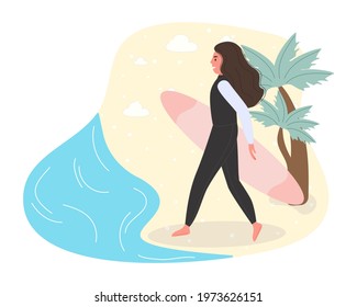 Woman surfer with surfing board on sand beach. Hot summer outdoor recreation. Vector illustration summer time vacation chill out