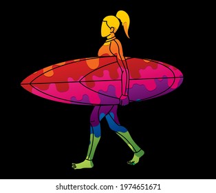 Woman Surfer Surfing Sport Action Cartoon Graphic Vector