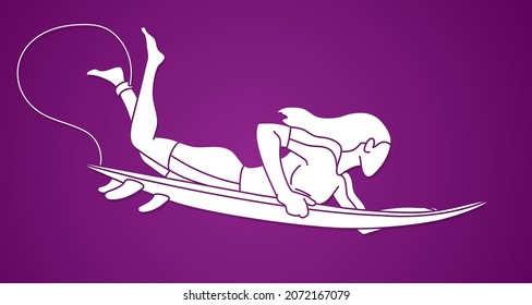 Woman Surfer Surfing Sport Action Cartoon Graphic Vector