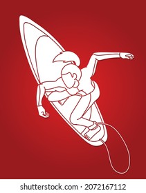 Woman Surfer Surfing Sport Action Cartoon Graphic Vector