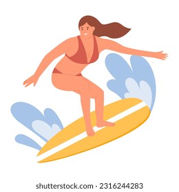 Woman surfer in swimwear surfing in sea or ocean, standing with surfboard. Girl on extreme sport on wave. Vector illustration in flat cartoon style