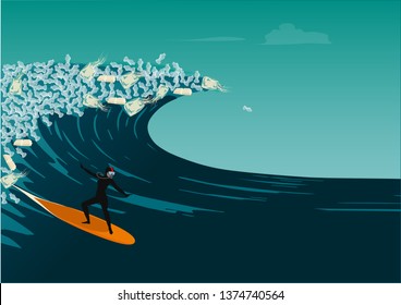 Woman surfing in a big wave of plastic trash