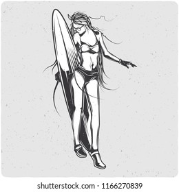 Woman with surfing board. Black and white illustration. Isolated on light backgrond with grunge noise and frame.