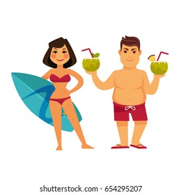 Woman with surfing board and man holding cocktails