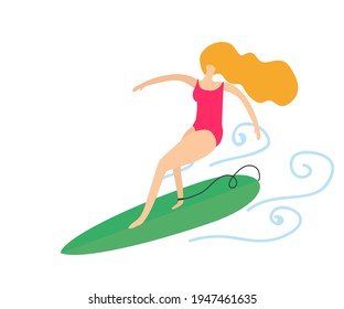 The woman is surfing. Cartoon. Vector illustration.