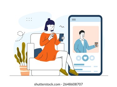 Mulher surfar namoro app. Mulher instala mineiro no computador. Vírus e perigos da internet, crimes cibernéticos. Software de malware e phishing. Ameaça online. Ilustração de vetor linear