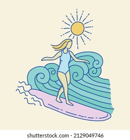 Woman surfing doodle art vector illustration