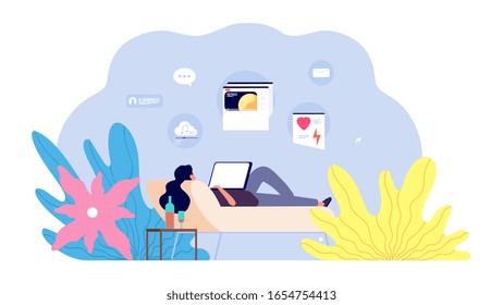 Woman surfing internet. Online addiction, girl on sofa with laptop and wine. Relax, free time or lazy weekend vector concept