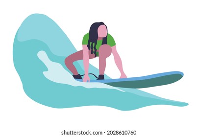 Woman surfing isolated in white background, Illustration.