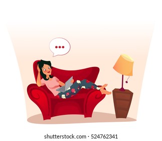 woman surfing on the Internet with a Laptop. cartoon character.attractive girl chatting with her friends while sitting in sofa