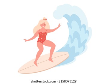 Woman surfing on surfboard and catching waves in ocean. Summer activity, summertime, surfing. Hello summer. Summer Vacation. Hand drawn vector illustration