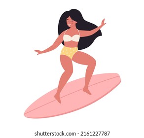 Woman surfing on surfboard. Summer activity, summertime, surfing. Hello summer. Summer Vacation. Hand drawn vector illustration