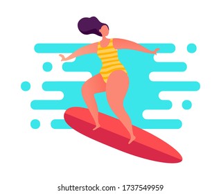 Woman surfing on the swell in striped swimwear. Healthy lifestyle water activity. Stylized trendy sport design with a board.