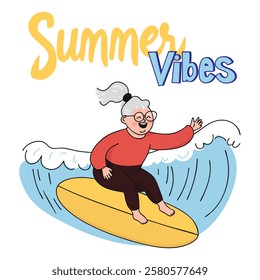 Woman surfing on a wave with a Summer Vibes text. Celebrating adventure, active aging, and enjoying life to the fullest.