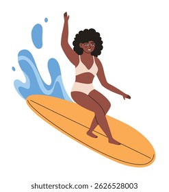 Woman surfing on waves. Sports on vacation. Flat vector illustration.