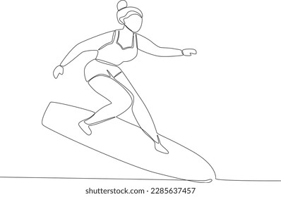 A woman surfing with passion. Surfing one-line drawing