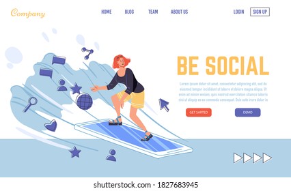 Woman surfing riding on cellphone as board diving into network. Web browsing, public access, networking via smartphone concept. Speed mobile internet. Be social landing page design template