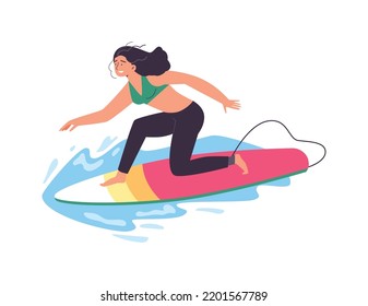 Woman surfing in the sea on waves, flat vector illustration isolated on white background. Happy character standing on surfboard in swimsuit. Concepts of summer vacation activities and recreations.