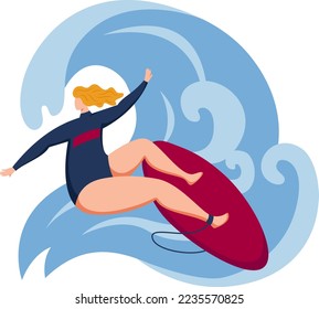 Mujeres navegando en el mar, ilustración vectorial. Caricatura de surfista en el océano de verano, deporte de surf extremo. Chicas montan tabla de surf en el agua