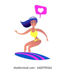 Woman Surfing surf board. Speech Bubble. Vector Illustration in Cartoon style on a White Background.