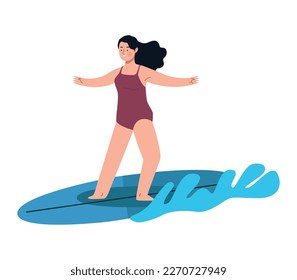 woman surfing in surfboard character
