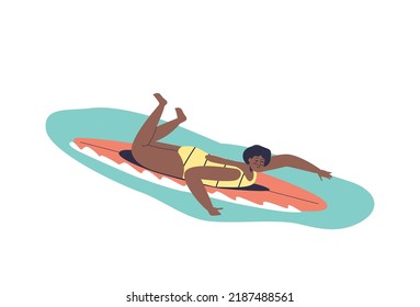 Woman surfing with surfboard. Young female lying on surf board riding wave. Happy girl enjoy extreme activity on summer resort at sea vacation. Cartoon flat vector illustration