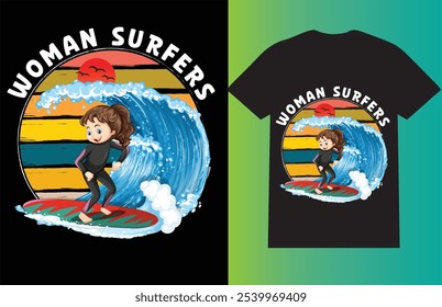 WOMAN SURFING T SHIRT DESIGN MAKE FOR A PRINTING ON T SHIRT MUGS AND OTHERS.