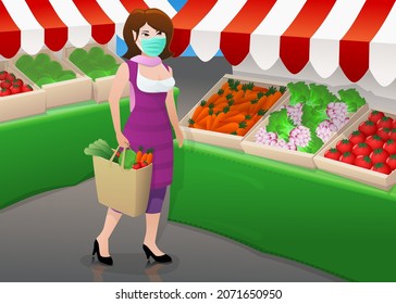 A woman in a surgeon's mask is shopping in a market with her groceries in the middle of the vegetable stalls.