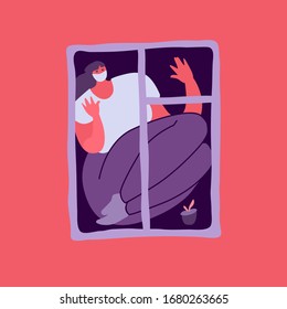 Woman in a surgery mask sits on a windowsill, presses her hands to the glass, looks at the outside through window. Self-isolation, quarantine to stop the infection spread. Vector illustration.