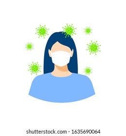Woman with a surgical mask is among bacteria, influenza, flu, infectious disease. Epidemic, flu protection, avoiding virus. Girl wearing medical face mask.