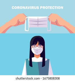 woman with surgical mask, protection against coronavirus in public place vector illustration design