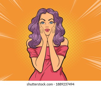 Woman Surprise Holds Cheeks By Hand .Beautiful Girl With Curly Hair Pointing To Looking Right . Presenting Your Product Pop Art Retro Comic Book