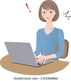 A woman with a surprised expression while working on a personal computer