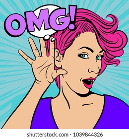 Woman with surprised face listening. Vector illustration in pop art retro comic style. 
