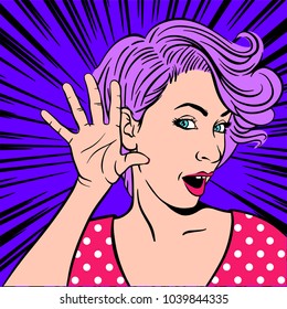 Woman with surprised face listening. Vector illustration in pop art retro comic style. 

