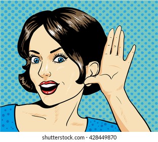 Woman With Surprised Face Listening To A Whisper. Vector Illustration In Pop Art Retro Comic Style. Halftone Effect Background. 