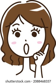 A woman with a surprised face pointing her index finger