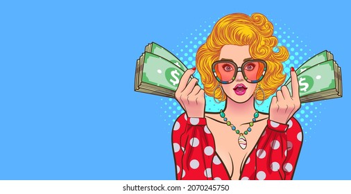 woman surprised in glasses look wow somthing and showing money retro pop art style pop art style  pop art comics style.