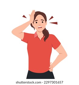 mujer sorprendida con la mano en la cabeza por error, la mujer olvidó algo con la mano en la cabeza. Ilustración vectorial plana aislada en fondo blanco