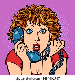 the woman is surprised. human emotions. telephone conversation. Comic cartoon pop art retro vector illustration drawing