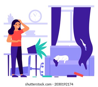 Woman surprised of mess in living room home from play cat. Chaos house fallen pot with flower, trash, torn curtains. Disorder for pet owner. Destructive kitty play. Vector illustration