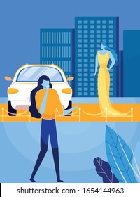 Woman Surprised to See Fashionably Dressed in Evening Dress Celebrity Moving To Luxury Car. Red Carpet Ceremony Scene with Women Characters on Urban Landscape Background. Flat Vector Illustration.