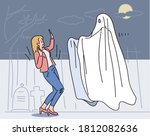 A woman is surprised to see a ghost in a cemetery during a shot. hand drawn style vector design illustrations. 