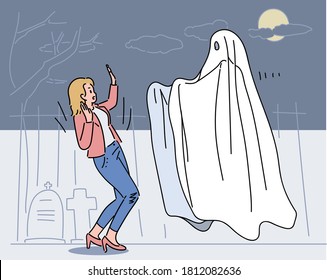 A woman is surprised to see a ghost in a cemetery during a shot. hand drawn style vector design illustrations. 