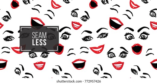 Woman surprised, smile, inlove and laugh vector emoticons, emoji, smiley icons, characters. Fashion illustrated women's emotional faces seamless pattern.