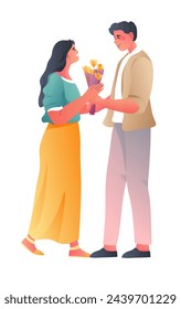 Woman surprising man with a gift, moment of joy and affection.